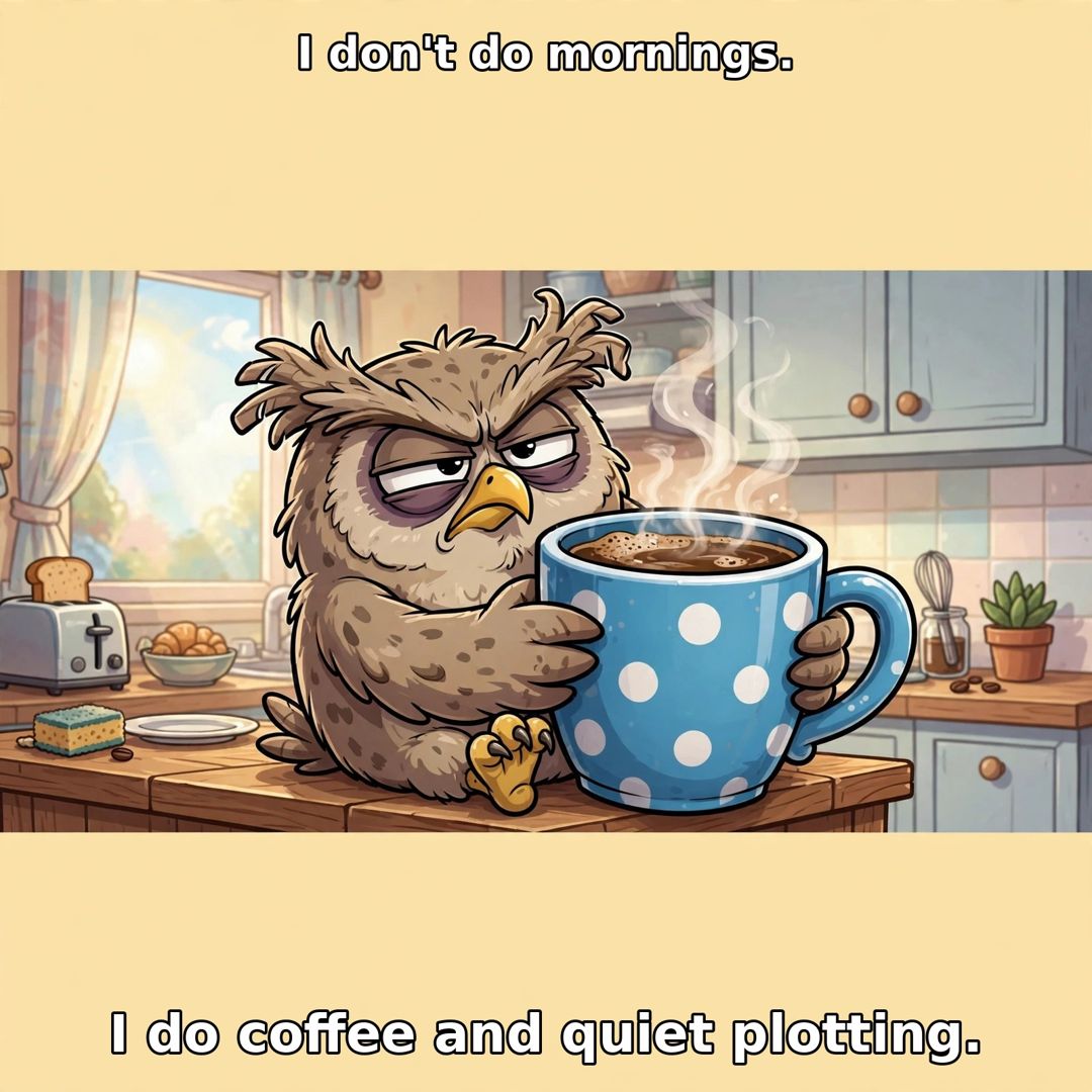 Grumpy owl clutching an oversized coffee mug