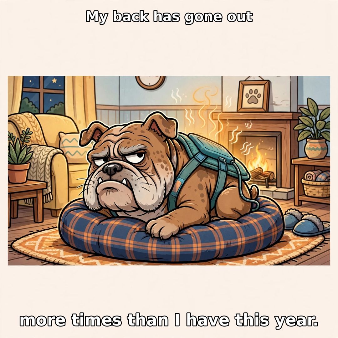 Grumpy old bulldog with a heating pad