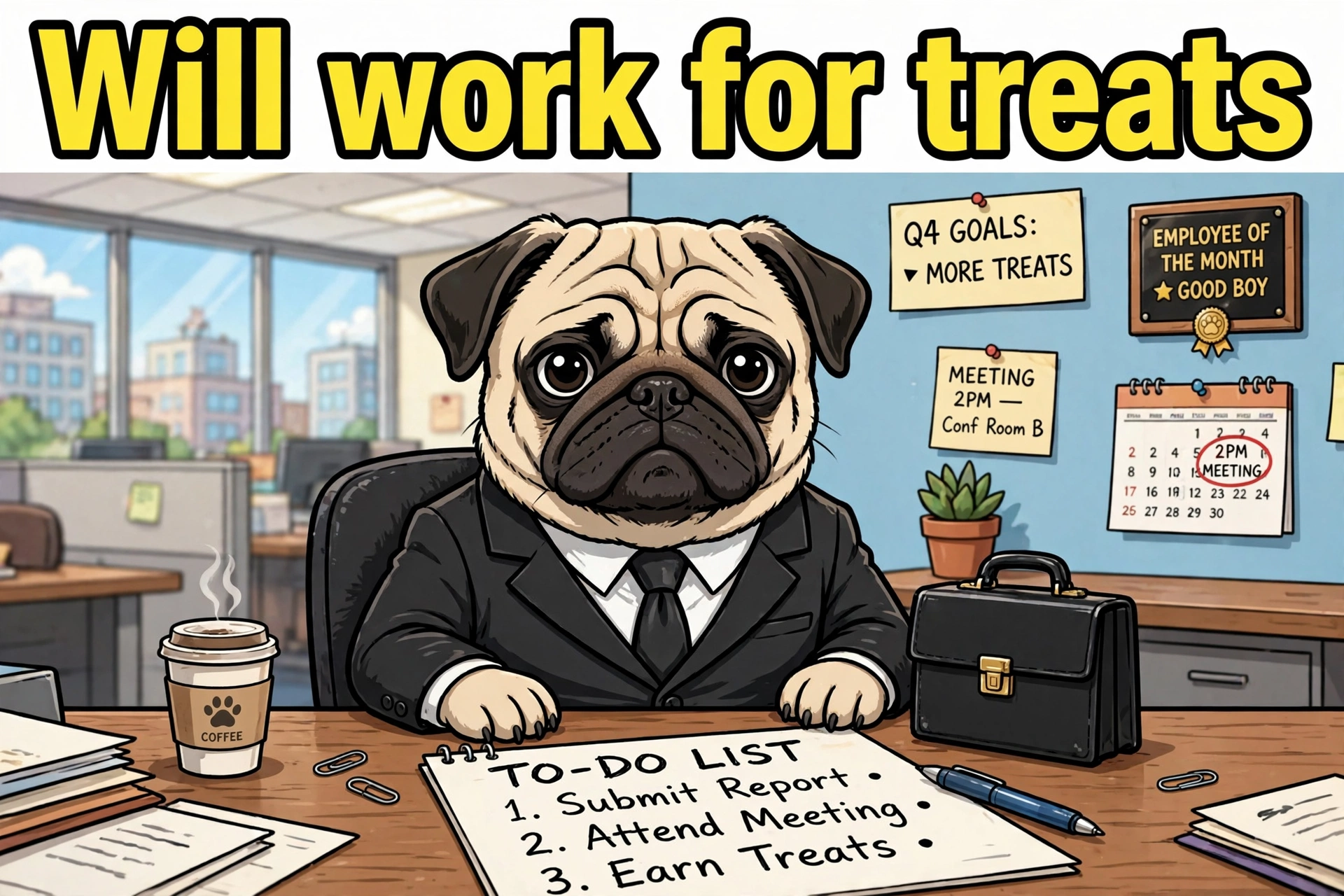 Pug in a business suit looking professional