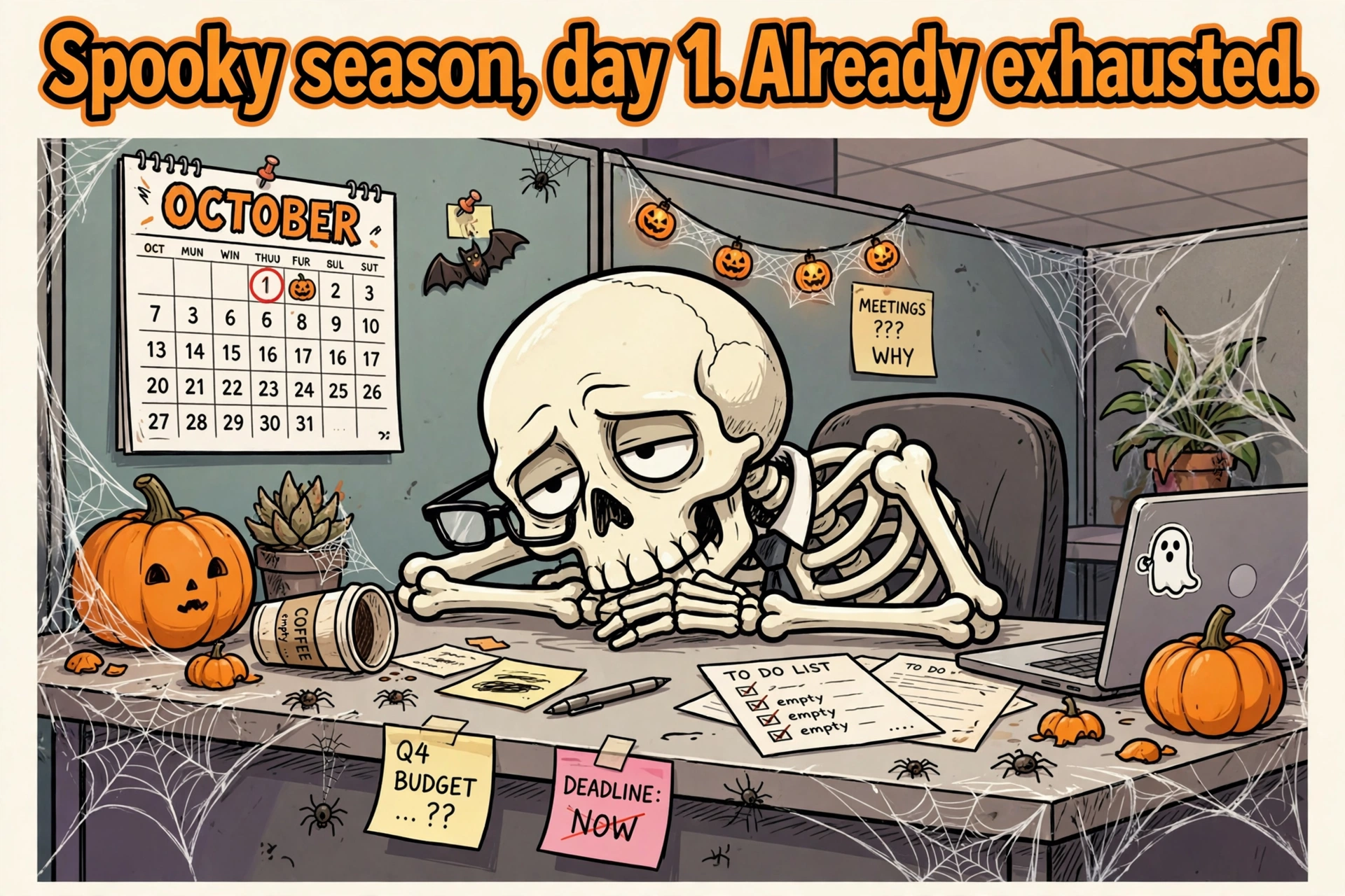 Exhausted skeleton slumped at a desk